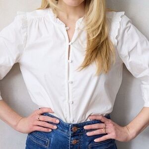NWT Lauren Conrad Women's White Ruffle Button-Up Top